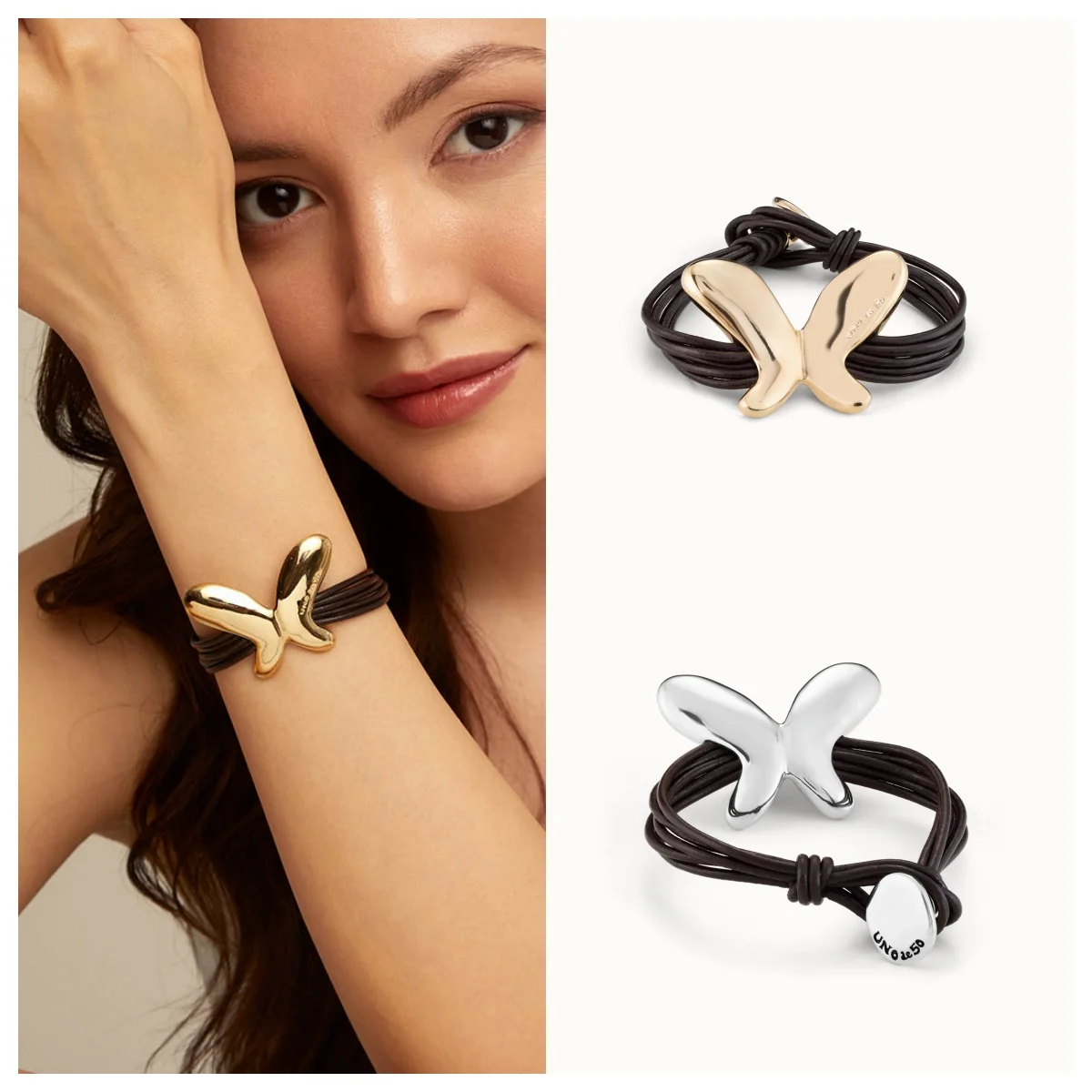Unode50 Fashion Butterfly Bracelet 18k gold plated with five leather rope tail buttons designed for women metal party gifts
Unode50 Fashion Butterfly Bracelet 18k gold plated with five leather rope tail buttons designed for women metal party gifts