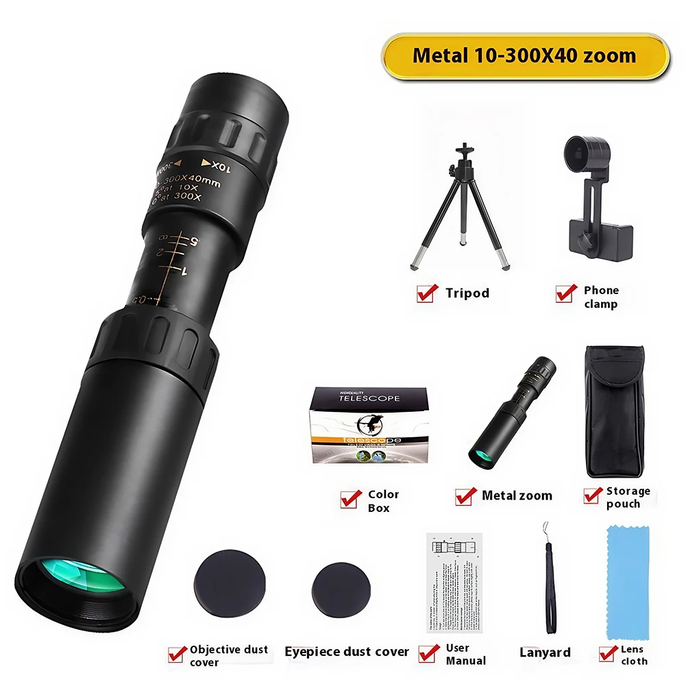 10-300x40 Outdoor Camping Hunting Birdwatching Telescope with Tripod Pocket Monocular for Bird Watching Hunting Hiking Camping
10-300x40 Outdoor Camping Hunting Birdwatching Telescope with Tripod Pocket Monocular for Bird Watching Hunting Hiking Camping