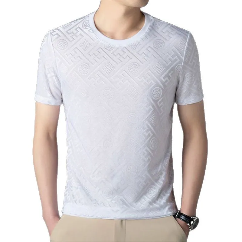 Short sleeved men's summer three-dimensional jacquard men's quick drying half sleeved round neck polo casual top 
Short sleeved men's summer three-dimensional jacquard men's quick drying half sleeved round neck polo casual top