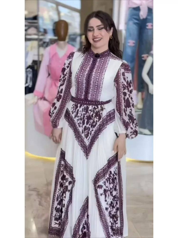 Ethnic Style Retro Printing Stand-up Collar Short-sleeved Dress Women's 2025 New Waist and Thin Pleated Pendulum Long Skirt
Ethnic Style Retro Printing Stand-up Collar Short-sleeved Dress Women's 2025 New Waist and Thin Pleated Pendulum Long Skirt