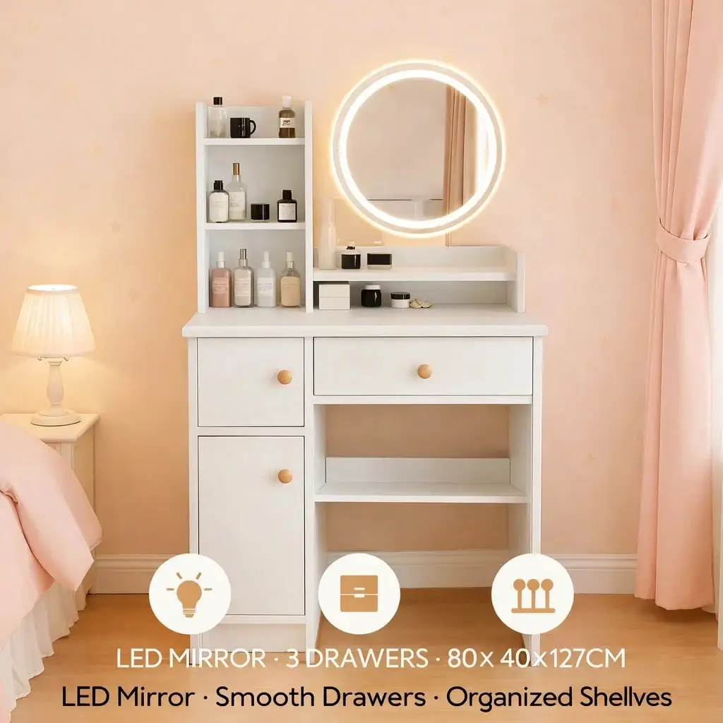 Soft Pink Pastel Vanity Desk, Modern Dressing Table with Round Mirror, Multi-Level Cabinet Shelves, 3 Storage Compartments, Perfect for Apartments & Bedrooms
Soft Pink Pastel Vanity Desk, Modern Dressing Table with Round Mirror, Multi-Level Cabinet Shelves, 3 Storage Compartments, Perfect for Apartments & Bedrooms