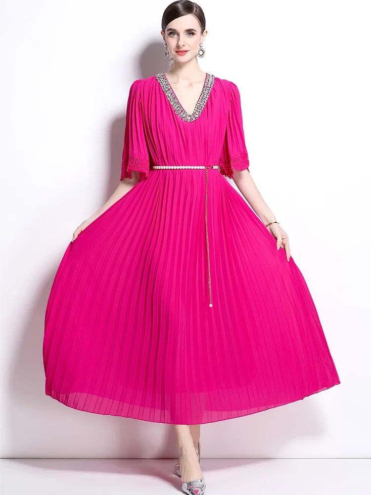 Solid Spliced Folds Loose Dresses For Women Luxury Diamonds V Neck Short Sleeve High Waist Temperament Dresses Female Fashion
Solid Spliced Folds Loose Dresses For Women Luxury Diamonds V Neck Short Sleeve High Waist Temperament Dresses Female Fashion