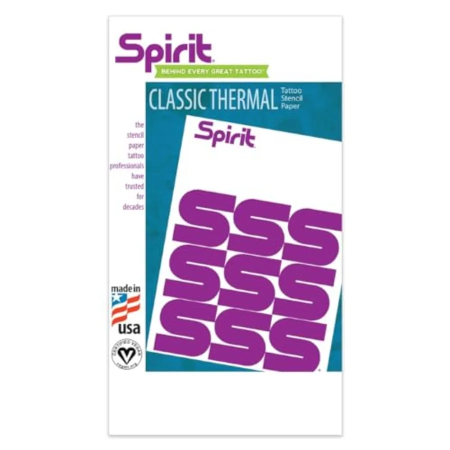 Spirit® Classic Thermal Tattoo Stencil Transfer Paper, 8.5" X 14" - 100 Sheets, Certified Vegan, Proudly Made in The USA
Spirit® Classic Thermal Tattoo Stencil Transfer Paper, 8.5" X 14" - 100 Sheets, Certified Vegan, Proudly Made in The USA