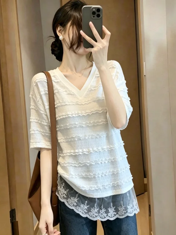 Lace Short Sleeve V-Neck T-Shirt Women's plus Size Midi Top Korean Style Loose Fit Summer New Arrival Big Size Fat MM
Lace Short Sleeve V-Neck T-Shirt Women's plus Size Midi Top Korean Style Loose Fit Summer New Arrival Big Size Fat MM