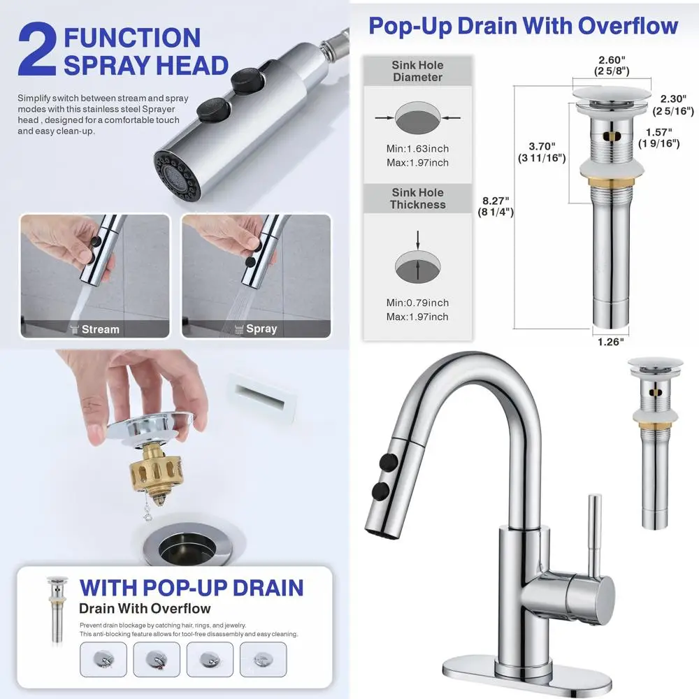 Chrome Single Handle Pull-Out Spray Faucet with Pop-Up Drain for Bathroom Sink, 1 or 3 Hole Laundry Basin Faucet
Chrome Single Handle Pull-Out Spray Faucet with Pop-Up Drain for Bathroom Sink, 1 or 3 Hole Laundry Basin Faucet