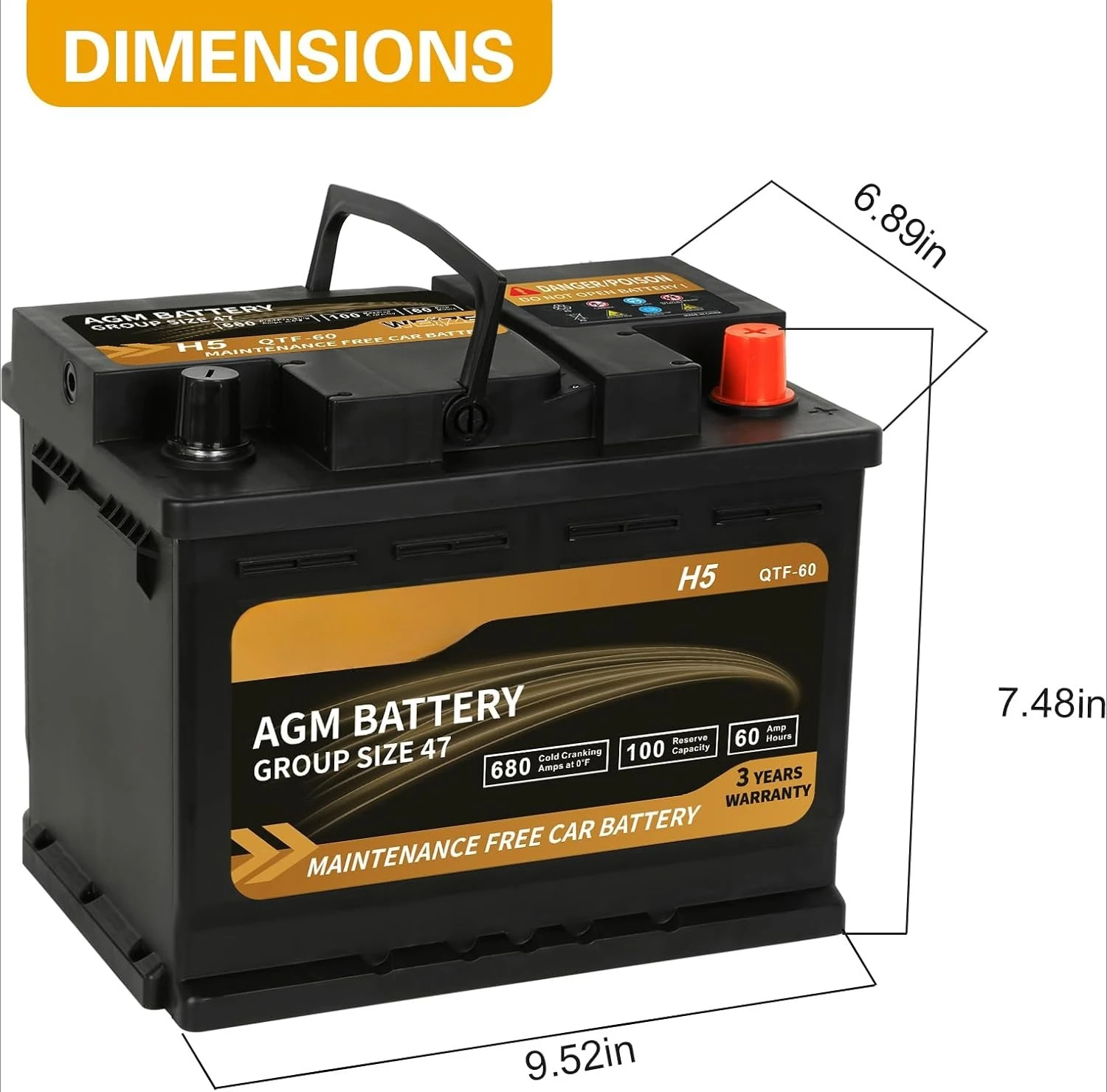 Platinum AGM Battery 47-12v 60ah H5 Size 47 Automotive Battery, 100RC, 680CCA, Dimensions 9.52" L x 6.89" W x 7.48" H
Platinum AGM Battery 47-12v 60ah H5 Size 47 Automotive Battery, 100RC, 680CCA, Dimensions 9.52" L x 6.89" W x 7.48" H