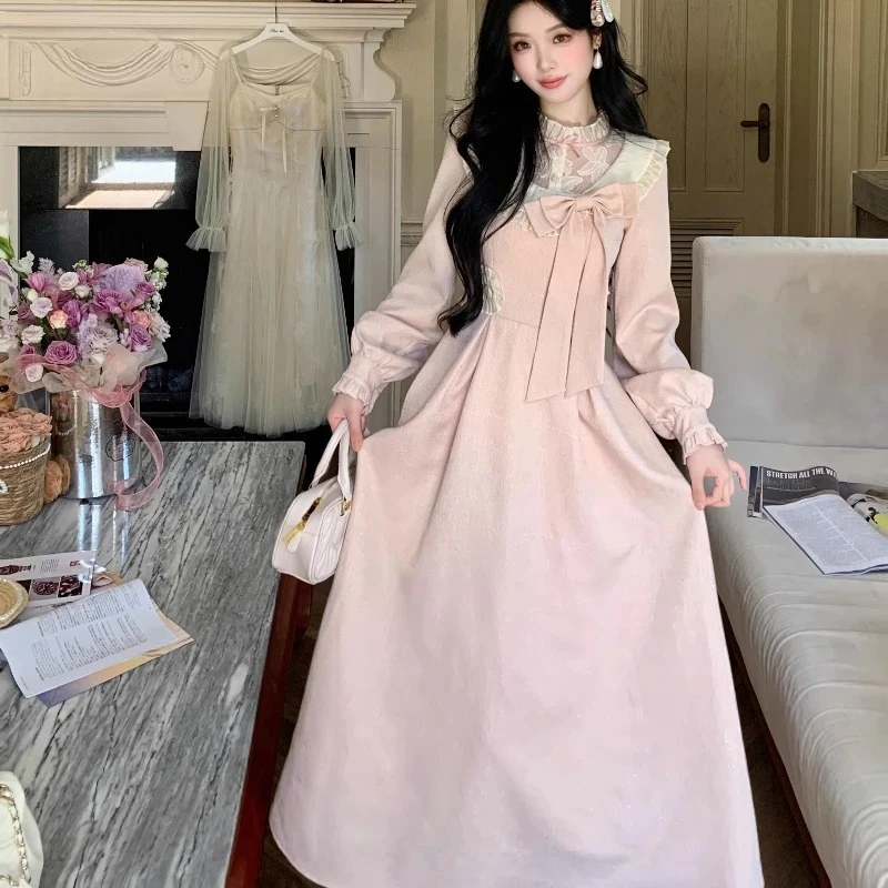 Elegant Temperament Lace Bow Long-sleeved Princess Dress Sweet Retro Pink Slim Dress Women Autumn Winter Fashion One-piece Dress
Elegant Temperament Lace Bow Long-sleeved Princess Dress Sweet Retro Pink Slim Dress Women Autumn Winter Fashion One-piece Dress