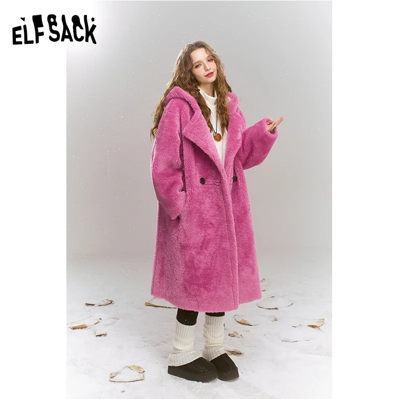 ELFSACK 2024 Winter New Arrivals Pink plush composite suede thick long hooded coat
ELFSACK 2024 Winter New Arrivals Pink plush composite suede thick long hooded coat