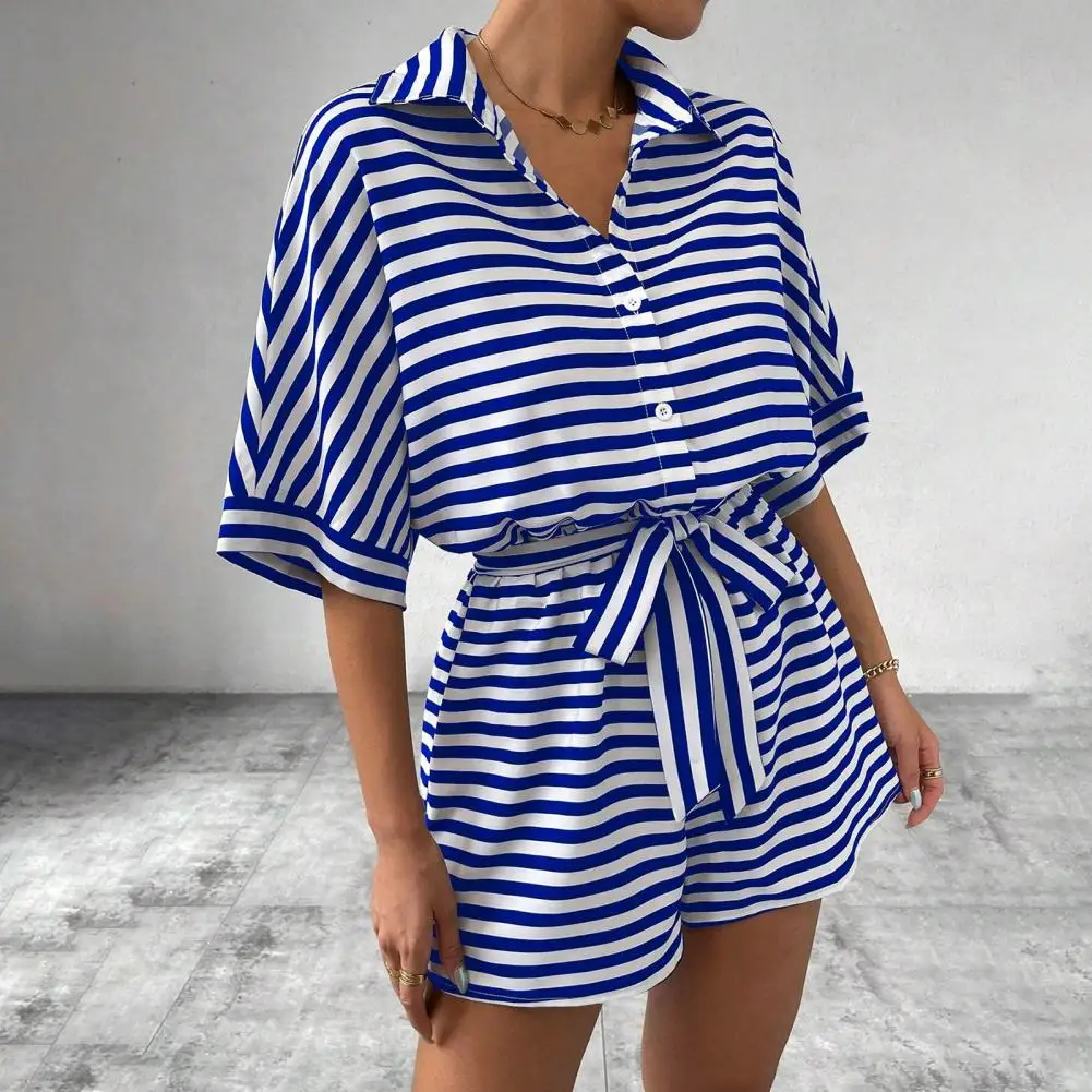 Lapel Jumpsuit Vertical Striped Jumpsuit Striped Lace-up Romper with Elastic Waist Short Sleeves Women's Summer Jumpsuit
Lapel Jumpsuit Vertical Striped Jumpsuit Striped Lace-up Romper with Elastic Waist Short Sleeves Women's Summer Jumpsuit