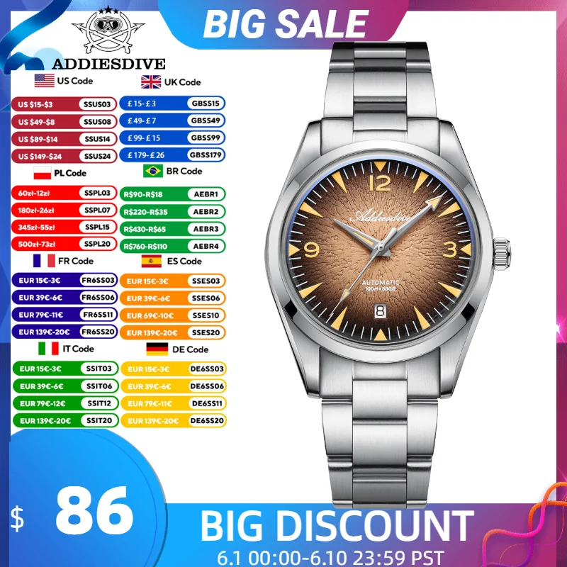 ADDIESDIVE Automatic Watch Men 39mm Diving 100m Waterproodf AR Coated Domed Glass Luminous Gradient Mechanical Wristwatch New
ADDIESDIVE Automatic Watch Men 39mm Diving 100m Waterproodf AR Coated Domed Glass Luminous Gradient Mechanical Wristwatch New