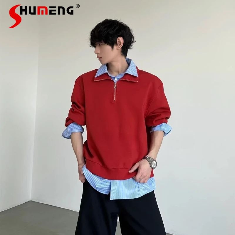 Men's 2026 Spring New Fashion Sportswears Faux Two-piece Striped Splicing Sweatshirts T-shirts Lapel Loose Long-sleeve Chic Tops
Men's 2026 Spring New Fashion Sportswears Faux Two-piece Striped Splicing Sweatshirts T-shirts Lapel Loose Long-sleeve Chic Tops