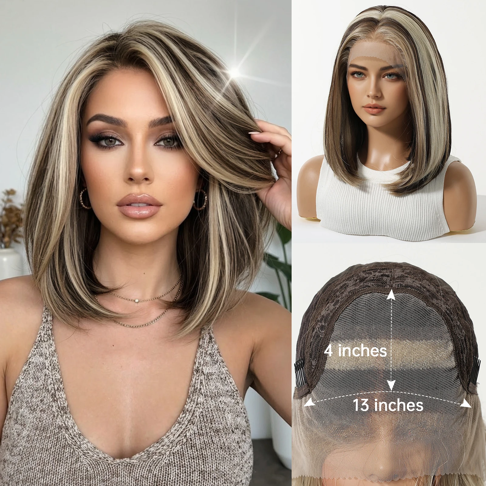 DWY Short Straight Bob Hair Synthetic Wigs Dark Brown Blonde Highlights Wigs for Women Natural Hairline 13*4 Lace Front Wigs
DWY Short Straight Bob Hair Synthetic Wigs Dark Brown Blonde Highlights Wigs for Women Natural Hairline 13*4 Lace Front Wigs