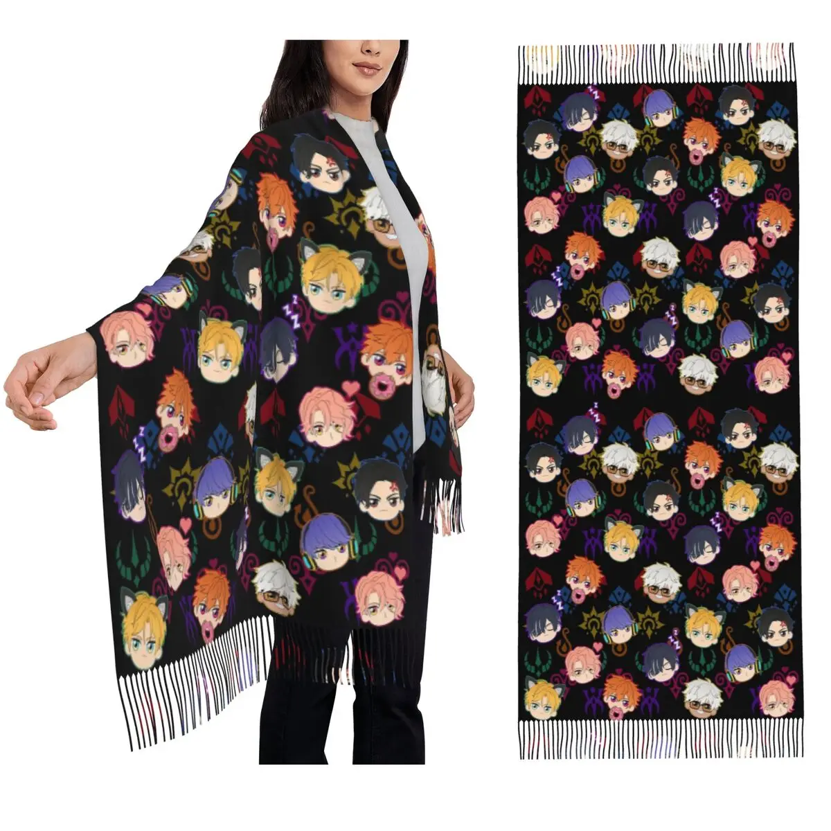 Obey Me - шарф с узором братьев демонов, шарфы с кисточками, женские мягкие теплые шали и накидки, длинная осенне-зимняя шаль, накидка 
Obey Me - шарф с узором братьев демонов, шарфы с кисточками, женские мягкие теплые шали и накидки, длинная осенне-зимняя шаль, накидка