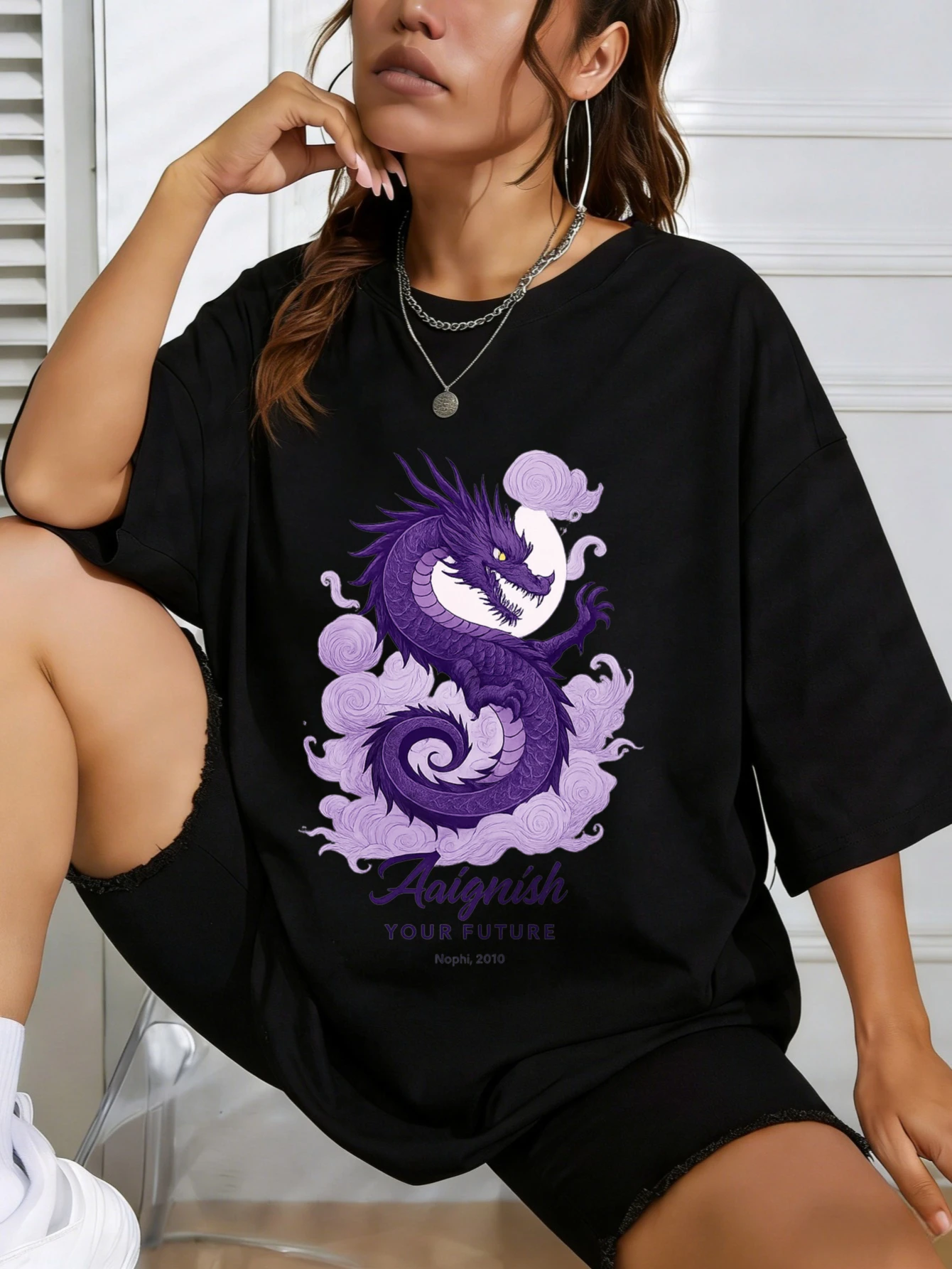 Women's Oversized Cotton T Shirts with Purple Spiral Dragon Graphic - Summer Casual Printed Tshirt for Women, Gift for Her
Women's Oversized Cotton T Shirts with Purple Spiral Dragon Graphic - Summer Casual Printed Tshirt for Women, Gift for Her