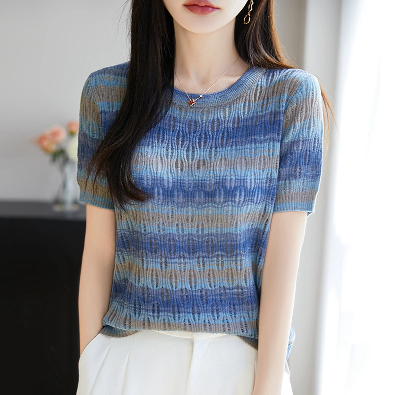Women's T-shirt Summer New Wool Knitted Short Sleeve Casual Color blocked Women's Top Loose Soft O-neck Pullover T-shirt
Women's T-shirt Summer New Wool Knitted Short Sleeve Casual Color blocked Women's Top Loose Soft O-neck Pullover T-shirt