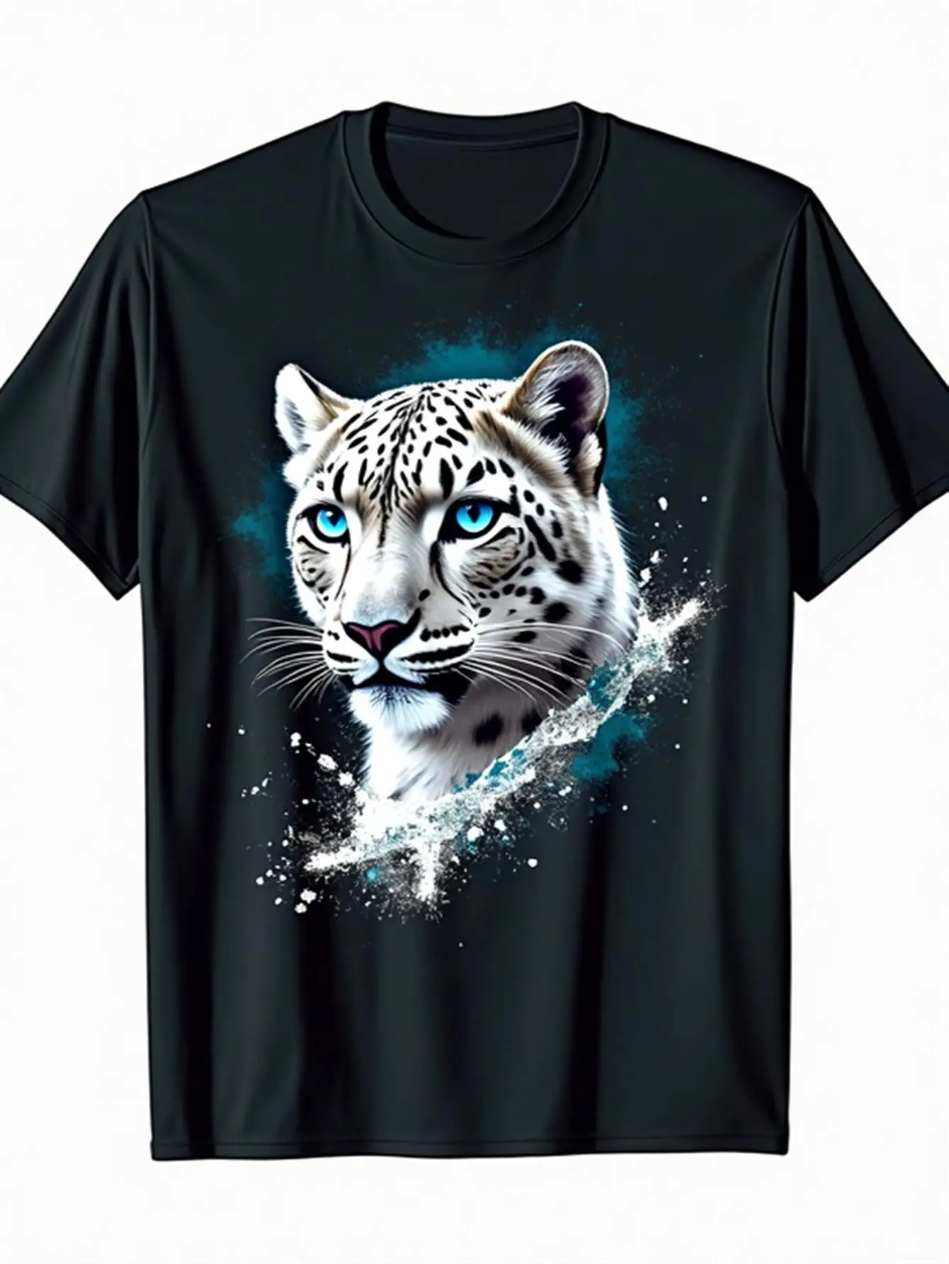 Men's Black Snow Leopard Print T-Shirt with Blue Eyes and White Spots, 100% Cotton, Casual Crew Neck, Short Sleeves, Loose Fit, Comfortable for All Seasons, Bold Statement Wildlife Pattern Top Suitable for Everyday Wear and Halloween Costumes, Machine Was
Men's Black Snow Leopard Print T-Shirt with Blue Eyes and White Spots, 100% Cotton, Casual Crew Neck, Short Sleeves, Loose Fit, Comfortable for All Seasons, Bold Statement Wildlife Pattern Top Suitable for Everyday Wear and Halloween Costumes, Machine Was