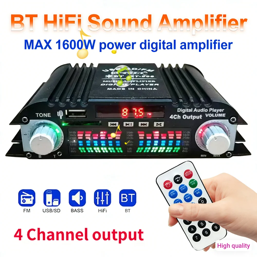 Цифровой 4-канальный аудиоусилитель пиковой мощностью 1600 Вт, Hi-Fi усилитель звука, FM, USB, Bluetooth-совместимый, мини-усилитель Hi-Fi, цифровой стереоусилитель
Цифровой 4-канальный аудиоусилитель пиковой мощностью 1600 Вт, Hi-Fi усилитель звука, FM, USB, Bluetooth-совместимый, мини-усилитель Hi-Fi, цифровой стереоусилитель
