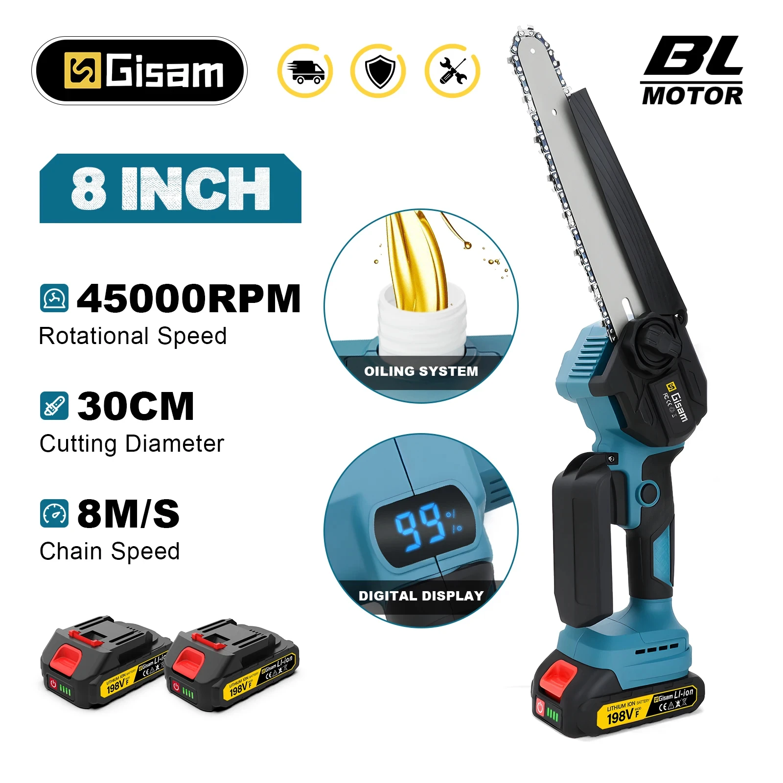 Gisam 8 Inch Brushless Electric Chainsaw Cordless Portable Electric Saw Woodworking Power Tool For makita 18v battery pins
Gisam 8 Inch Brushless Electric Chainsaw Cordless Portable Electric Saw Woodworking Power Tool For makita 18v battery pins