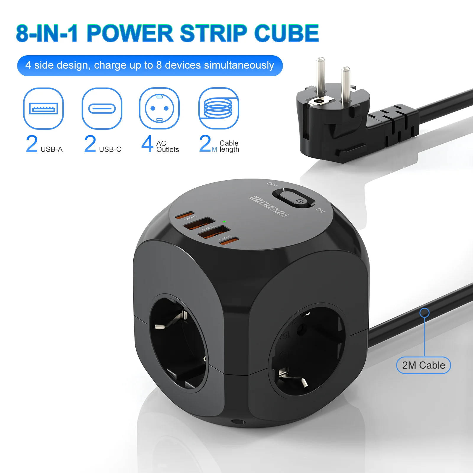 Розетка HITRENDS EU с кубиком | С 4AC и 2 портами быстрой зарядки USB+2Type-C | 2-метровый удлинительный кабель | Белый и черный
Розетка HITRENDS EU с кубиком | С 4AC и 2 портами быстрой зарядки USB+2Type-C | 2-метровый удлинительный кабель | Белый и черный