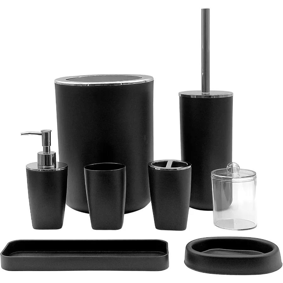 Набор аксессуаров для ванной комнаты из 8 предметов, черный: мусорное ведро, дозатор для мыла, подставка для зубных щеток, стакан для зубных щеток, поднос для туалетных принадлежностей, мыльница
Набор аксессуаров для ванной комнаты из 8 предметов, черный: мусорное ведро, дозатор для мыла, подставка для зубных щеток, стакан для зубных щеток, поднос для туалетных принадлежностей, мыльница