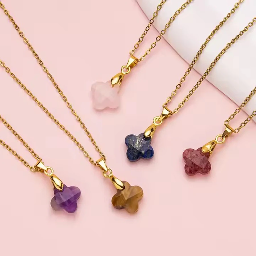 Natural stone crystal lucky section four-leaf clover necklace Pendant clavicle chain stainless steel necklace for women
Natural stone crystal lucky section four-leaf clover necklace Pendant clavicle chain stainless steel necklace for women
