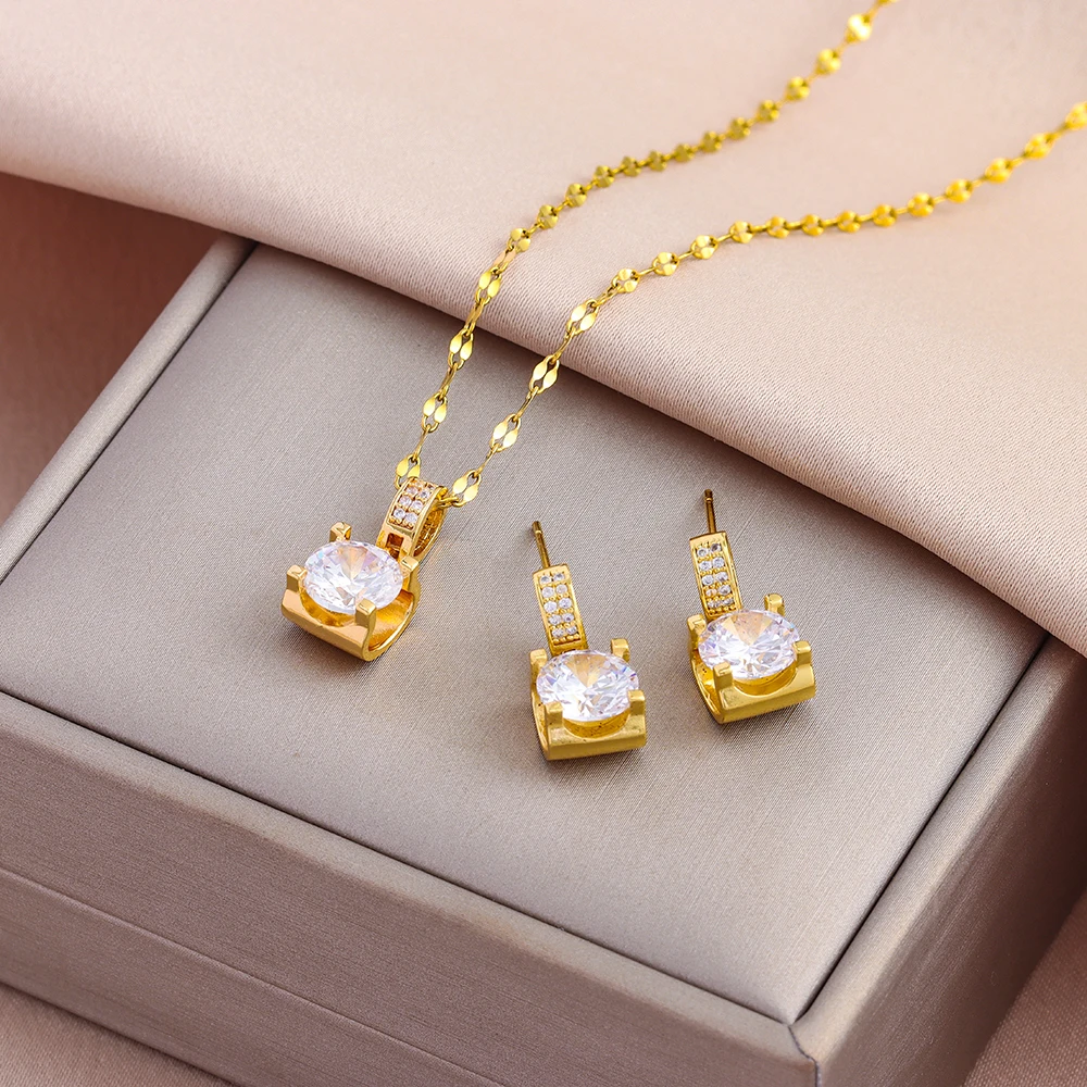 New In Fashion Ten Carats Zircon Crystal Necklaces Earrings For Women Trendy 18K Gold Plated Female Stainless Steel Jewelry Set
New In Fashion Ten Carats Zircon Crystal Necklaces Earrings For Women Trendy 18K Gold Plated Female Stainless Steel Jewelry Set