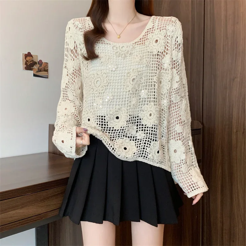 Sequined Floral Crochet Knit Blouse Women Long Sleeve Open-work Guipure Lace Tops French Style Spring Summer Hippie Boho Chic
Sequined Floral Crochet Knit Blouse Women Long Sleeve Open-work Guipure Lace Tops French Style Spring Summer Hippie Boho Chic