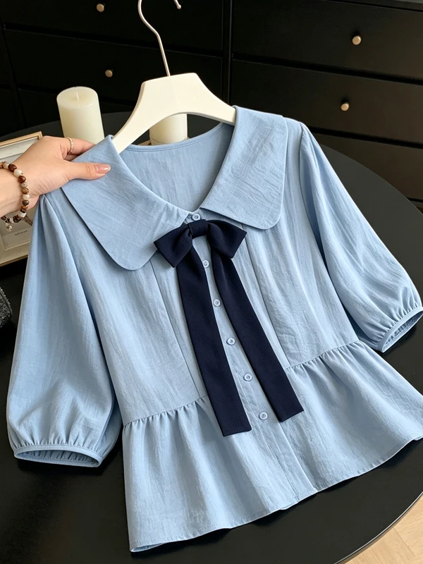 Sweet Knot Short Sleeve Chiffon Doll Collar Women's Shirt Summer 2026 Korean Style Loose Fit Commute Friendly
Sweet Knot Short Sleeve Chiffon Doll Collar Women's Shirt Summer 2026 Korean Style Loose Fit Commute Friendly