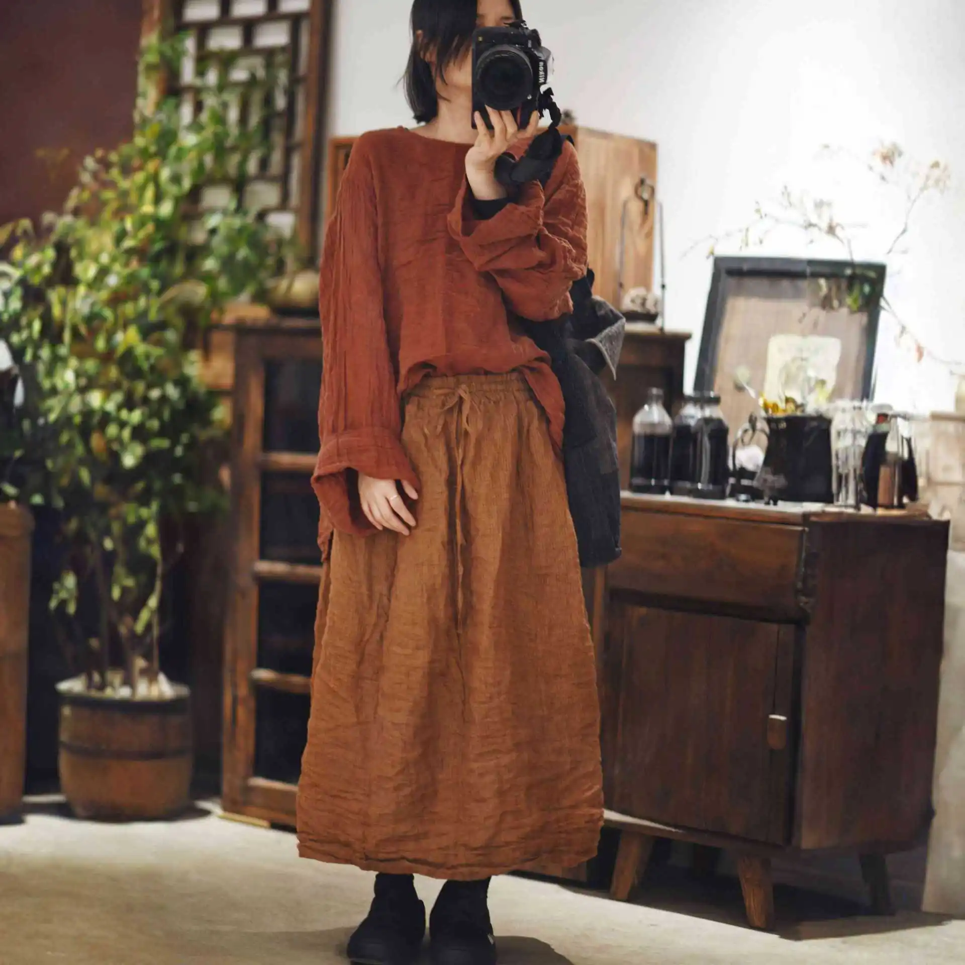 Loose Color Woven Linen Overhead Small irt Women's Retro Sle Long Sve round Ne Thiened Spring Season Outerwear
Loose Color Woven Linen Overhead Small irt Women's Retro Sle Long Sve round Ne Thiened Spring Season Outerwear