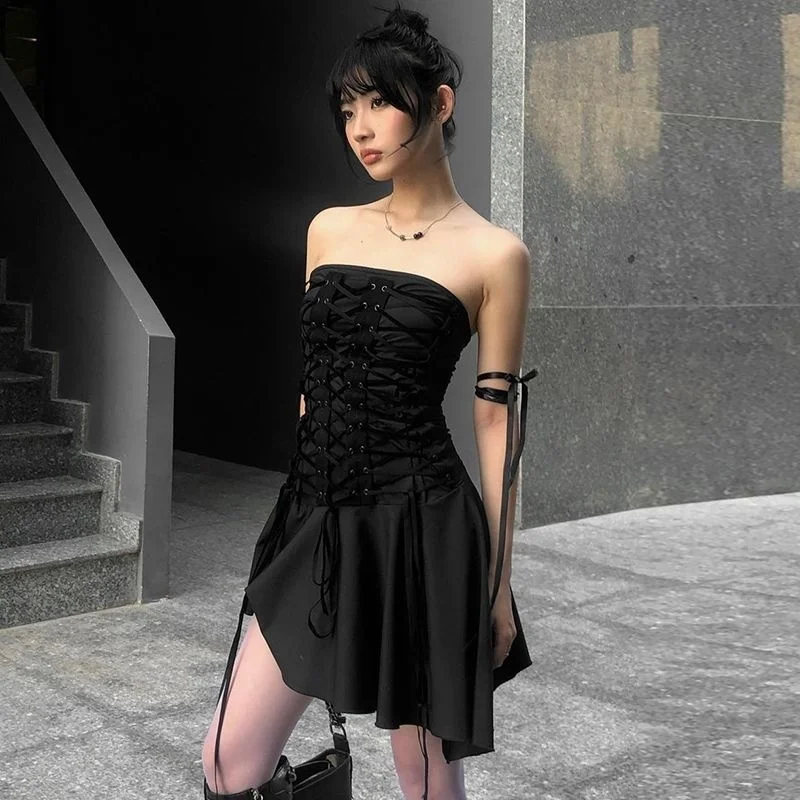 American Girls' Dark Black Irregular Bra Dress Women's Lacing Design Feeling Slim Fit Short Skirt
American Girls' Dark Black Irregular Bra Dress Women's Lacing Design Feeling Slim Fit Short Skirt
