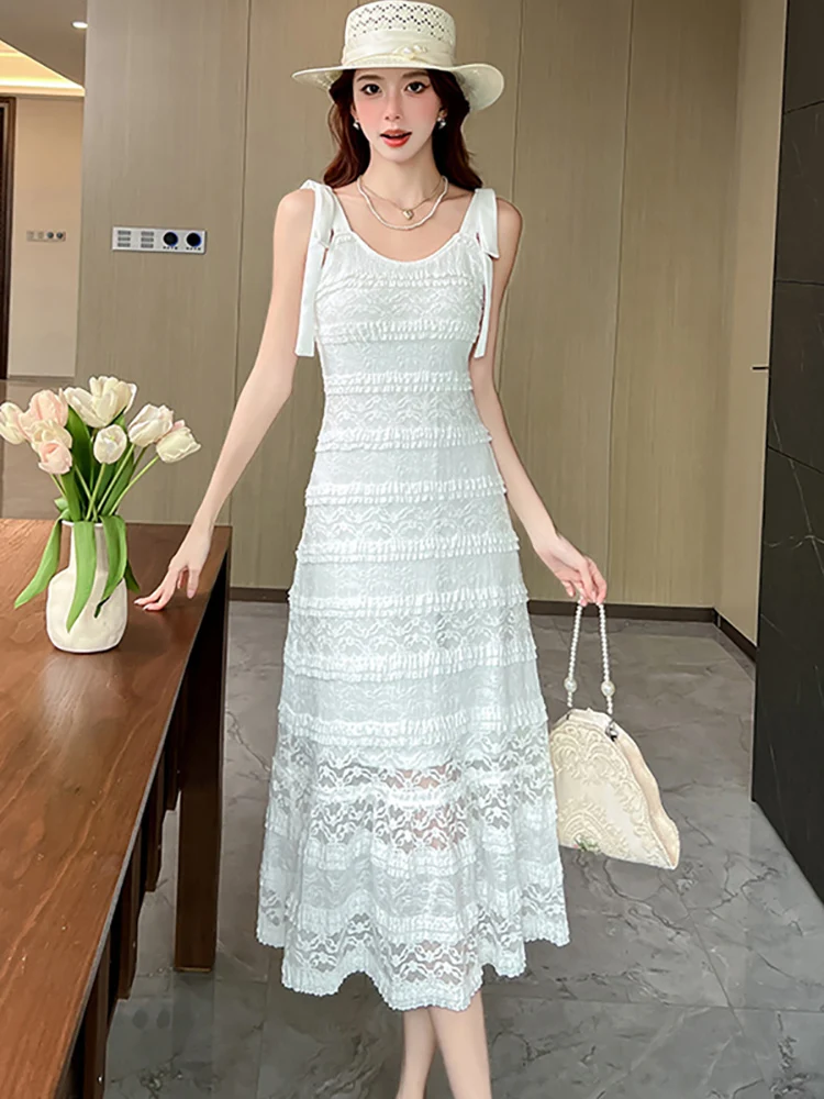 White Lace Hollow Out Jacquard Female's Dress Summer Elegant Bow Sling Long Dress 2026 Korean Fashion Bodycon Luxury Party Dress
White Lace Hollow Out Jacquard Female's Dress Summer Elegant Bow Sling Long Dress 2026 Korean Fashion Bodycon Luxury Party Dress