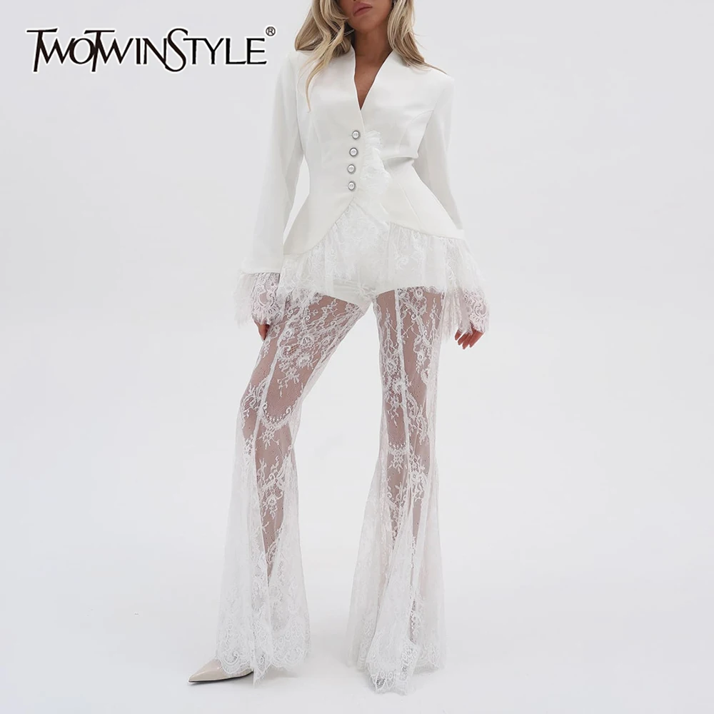 TWOTWINSTYLE Patchwork Lace Two Piece Sets for Women V Neck Long Sleeve Tunic Jacket High Waist Flare Pant Solid Set Female 2026
TWOTWINSTYLE Patchwork Lace Two Piece Sets for Women V Neck Long Sleeve Tunic Jacket High Waist Flare Pant Solid Set Female 2026
