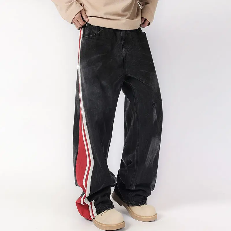 Hip Pop Loosen Fit Baggy Black Pants For Men Side Stripe Parchworks Denim Trousers Male
Hip Pop Loosen Fit Baggy Black Pants For Men Side Stripe Parchworks Denim Trousers Male