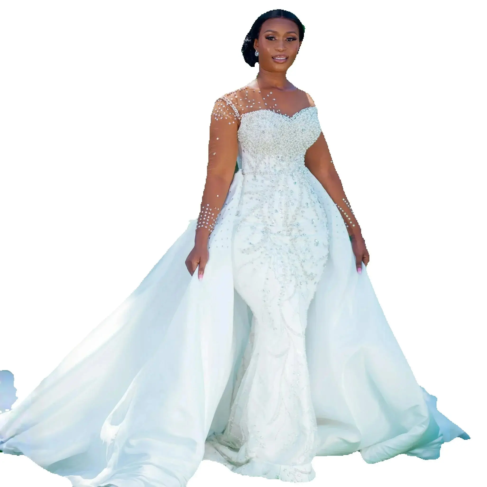 Customized Scoop Neck Shinny Pearls Crystals Wedding Dress For Bride Aso Ebi Detachable Train Long Sleeve Trumpet Bridal Gowns
Customized Scoop Neck Shinny Pearls Crystals Wedding Dress For Bride Aso Ebi Detachable Train Long Sleeve Trumpet Bridal Gowns
