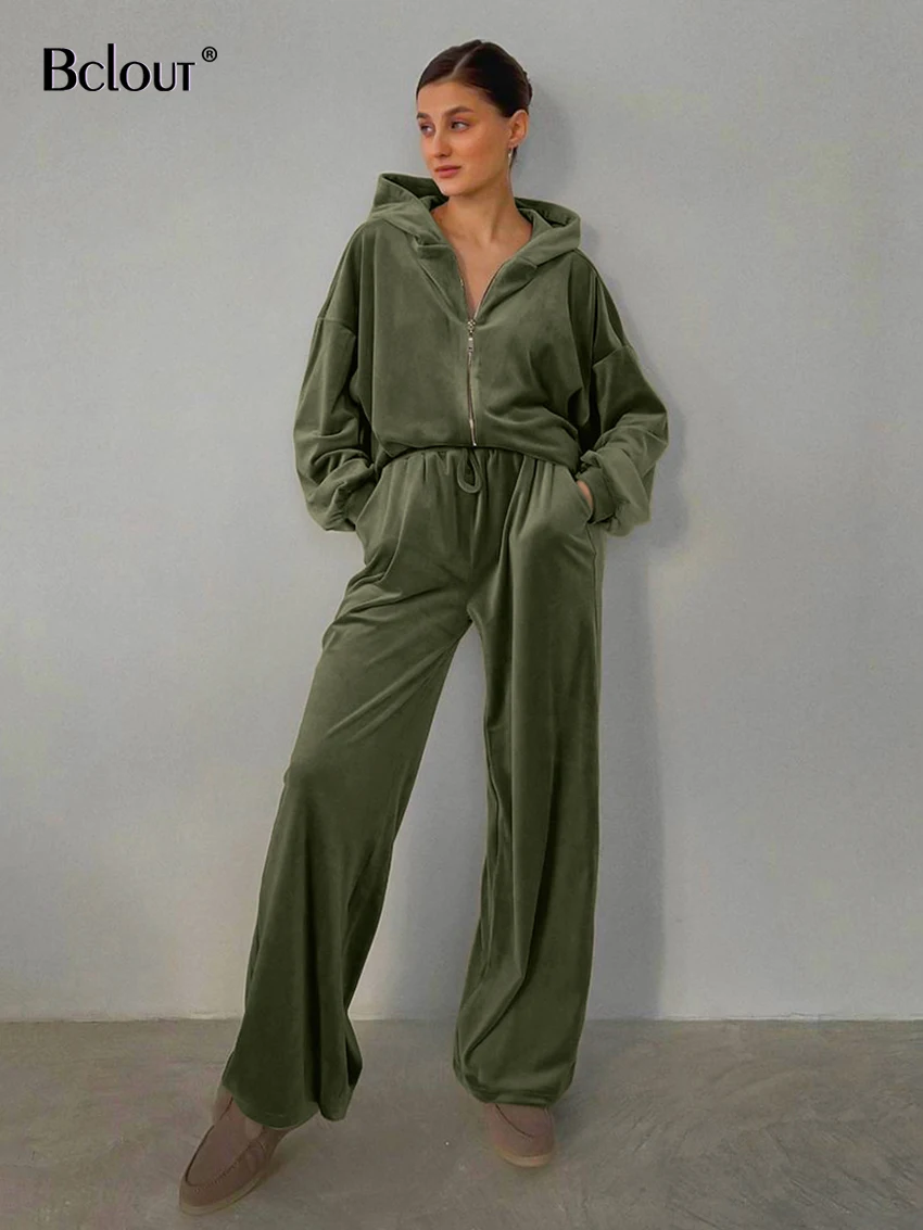 Bclout Autumn Green Velvet Pants Sets 2 Pieces Women Fashion Long Sleeve Loose Zippr Hoodies Casual Lace-Up Wide Leg Pants Suits
Bclout Autumn Green Velvet Pants Sets 2 Pieces Women Fashion Long Sleeve Loose Zippr Hoodies Casual Lace-Up Wide Leg Pants Suits