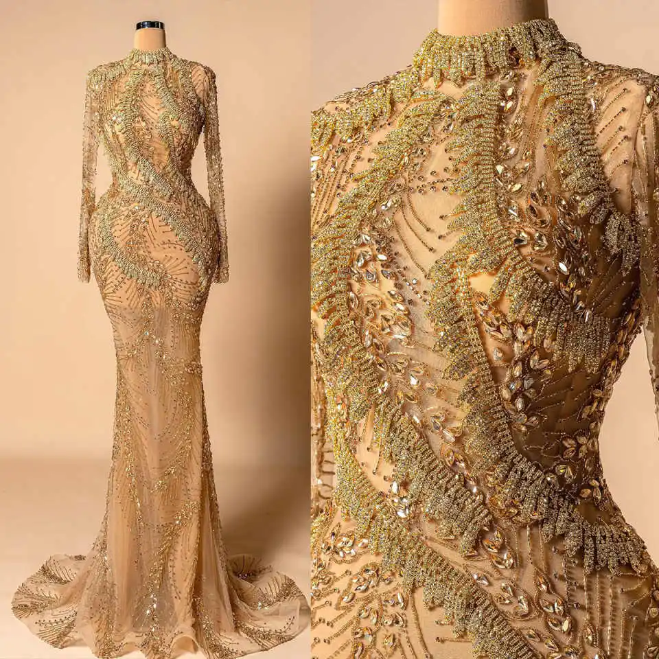 Sparkly Mermaid Evening Dresses High Neck Long Sleeve Crystals Prom Gowns Beadeds Celebrity Party Customized Dresses
Sparkly Mermaid Evening Dresses High Neck Long Sleeve Crystals Prom Gowns Beadeds Celebrity Party Customized Dresses