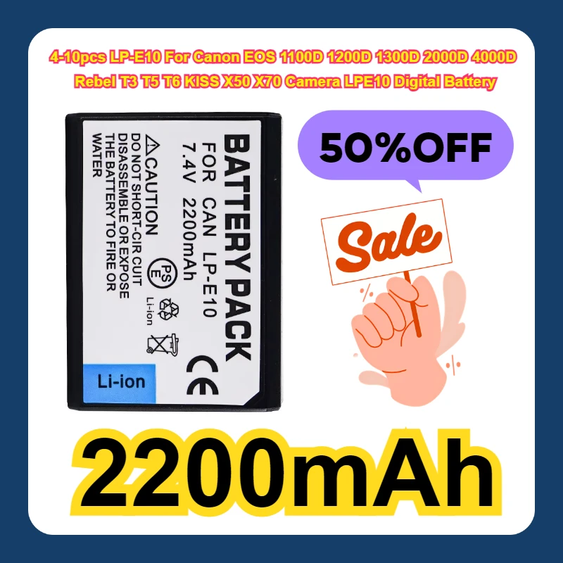 2200mAh 4-10pcs LP-E10 For Canon EOS 1100D 1200D 1300D 2000D 4000D Rebel T3 T5 T6 KISS X50 X70 Camera LPE10 Digital Battery
2200mAh 4-10pcs LP-E10 For Canon EOS 1100D 1200D 1300D 2000D 4000D Rebel T3 T5 T6 KISS X50 X70 Camera LPE10 Digital Battery