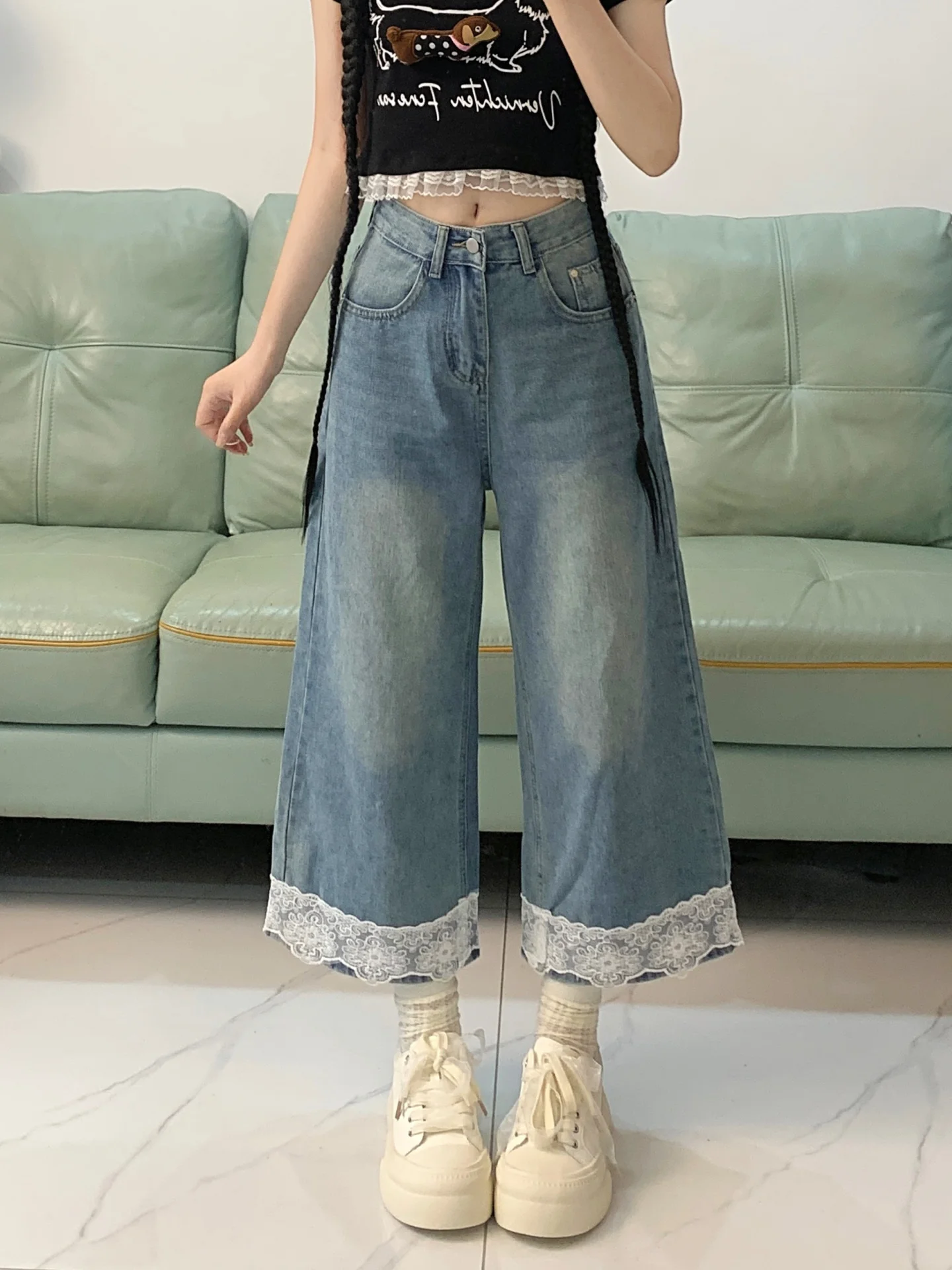 High Waist Lace Trim Wide Leg Jeans Women's Spring New plus Size Small Height Loose Fit Eight Nine Points Pants Casual Wear
High Waist Lace Trim Wide Leg Jeans Women's Spring New plus Size Small Height Loose Fit Eight Nine Points Pants Casual Wear