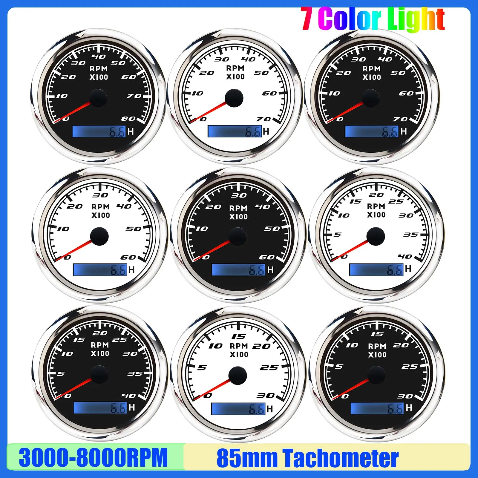 85mm Tachometer 3000RPM,4000RPM,6000RPM,7000RPM,8000RPM 7 Color Backlight Pointer Tacho Gauge RPM Meter for Car Boat Yacht 9-32V
85mm Tachometer 3000RPM,4000RPM,6000RPM,7000RPM,8000RPM 7 Color Backlight Pointer Tacho Gauge RPM Meter for Car Boat Yacht 9-32V
