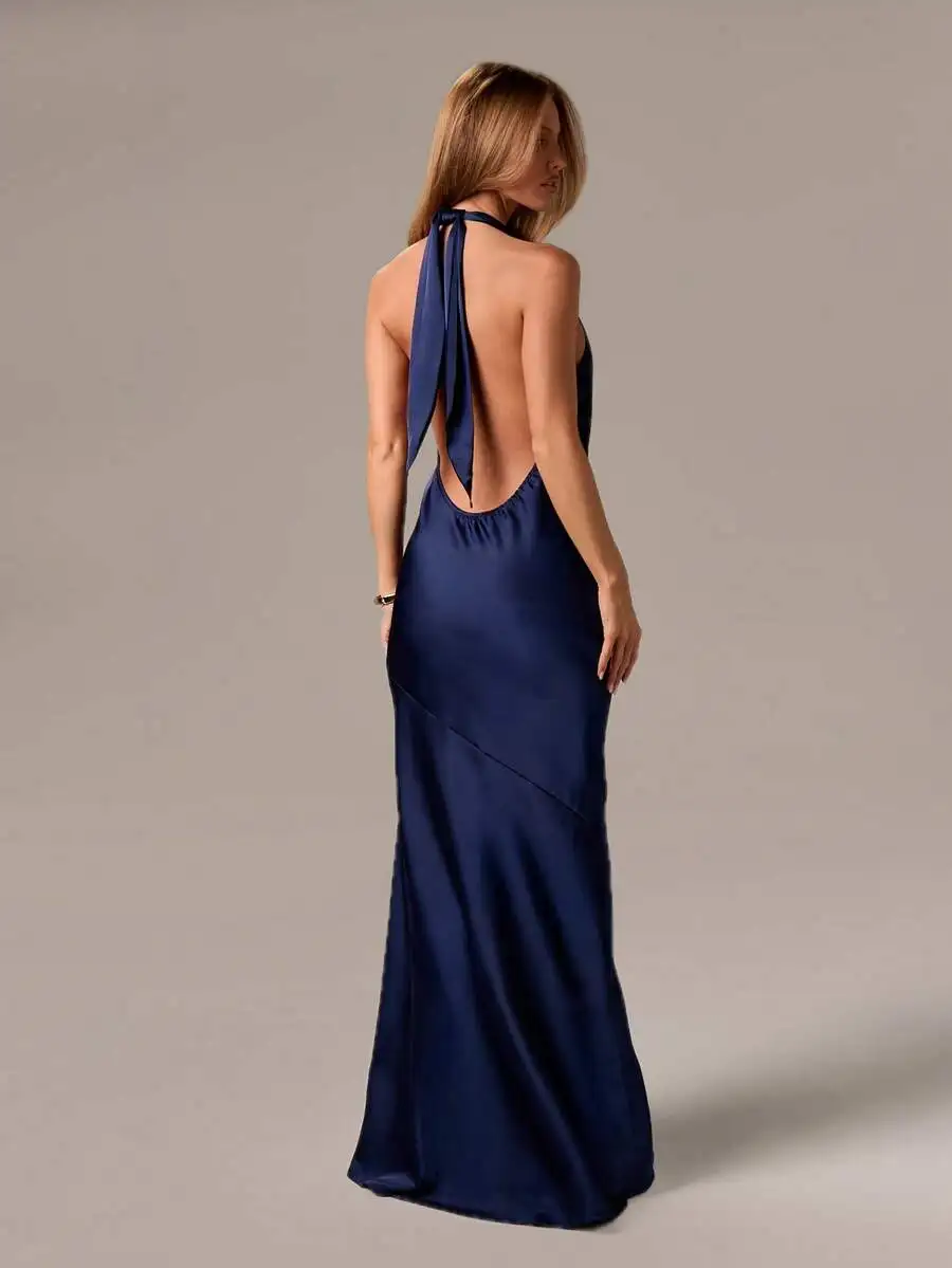 Elegant Halter Neck Backless Floor Length Satin Evening Gown With Tie Back Detail
Elegant Halter Neck Backless Floor Length Satin Evening Gown With Tie Back Detail