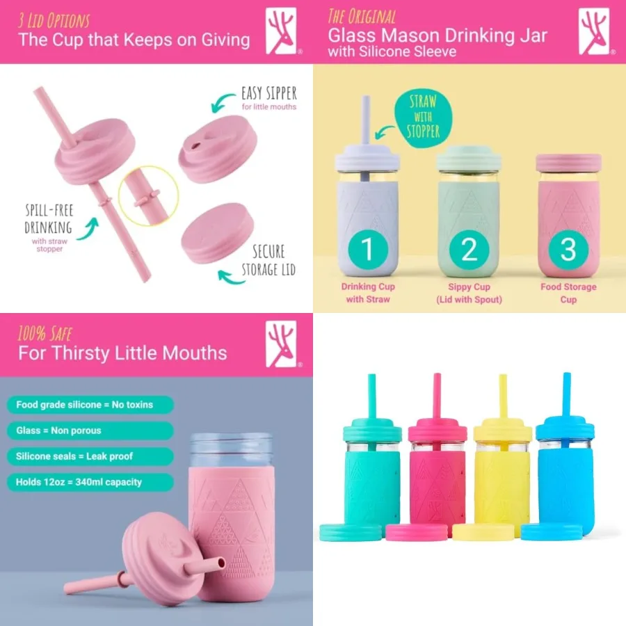 + Toddler Glass Cups The Original 12oz Glass Mason Jar with Sleeves + Lids Silicone Straws + Stopper Smoothie Cup Food Storage
+ Toddler Glass Cups The Original 12oz Glass Mason Jar with Sleeves + Lids Silicone Straws + Stopper Smoothie Cup Food Storage