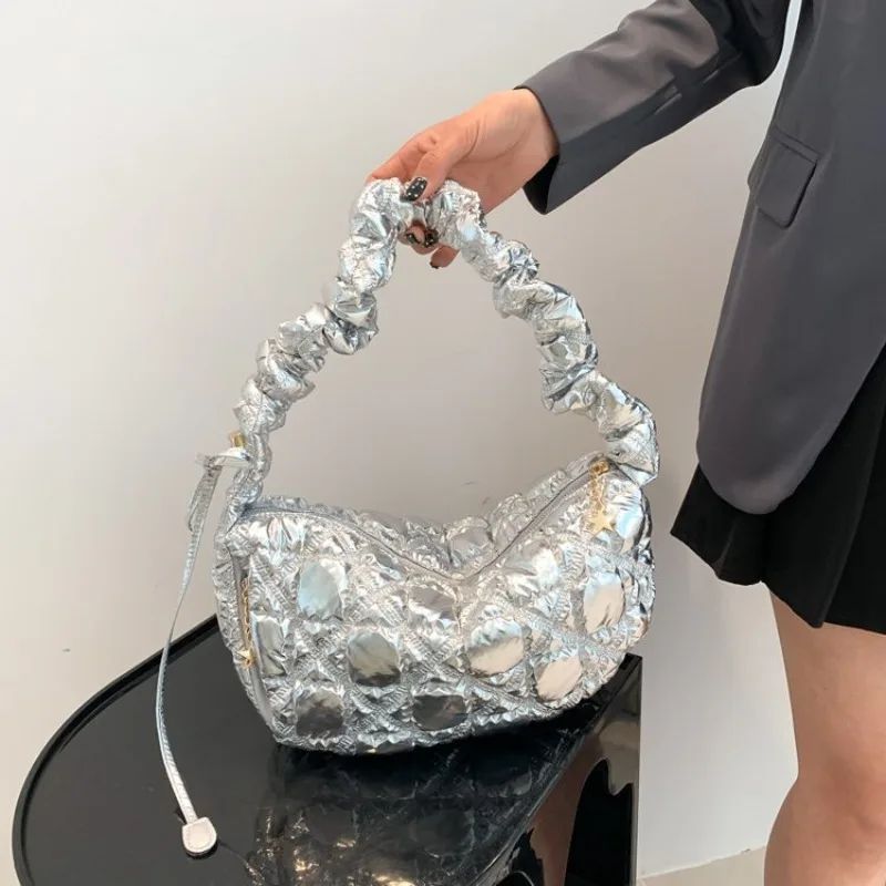 Silver Metallic Quilted Puffer Hobo Bag with Ruched Strap Casual Style for Travel Gym Work School Daily Evening Weekend Trip Use
Silver Metallic Quilted Puffer Hobo Bag with Ruched Strap Casual Style for Travel Gym Work School Daily Evening Weekend Trip Use