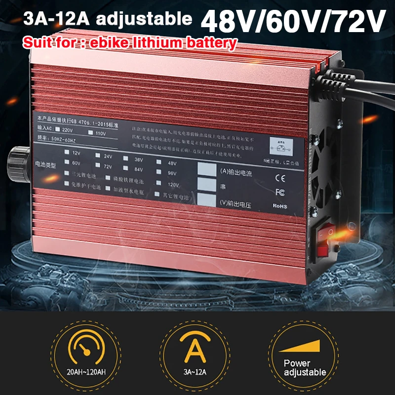 48V 60V 72V Adjustable Lithium Battery Charger Curren 3A 12A Fast Charge Electric Vehicle Charger for 20AH-120AH Lithium Battery
48V 60V 72V Adjustable Lithium Battery Charger Curren 3A 12A Fast Charge Electric Vehicle Charger for 20AH-120AH Lithium Battery