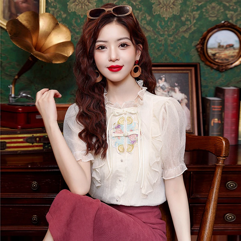 Chiffon Women's Shirts Chinese Style Embroidery Blouses Loose Fashion Ruffles Women Top Summer Floral Vintage Clothing
Chiffon Women's Shirts Chinese Style Embroidery Blouses Loose Fashion Ruffles Women Top Summer Floral Vintage Clothing