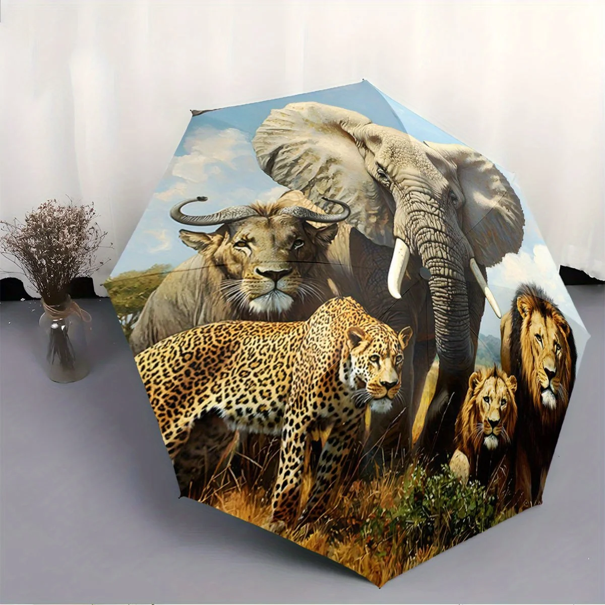 Automatic Folding Umbrella Wild animals in a savannah. Portable collapsible design, casual outdoor accessory, for all seasons,
Automatic Folding Umbrella Wild animals in a savannah. Portable collapsible design, casual outdoor accessory, for all seasons,