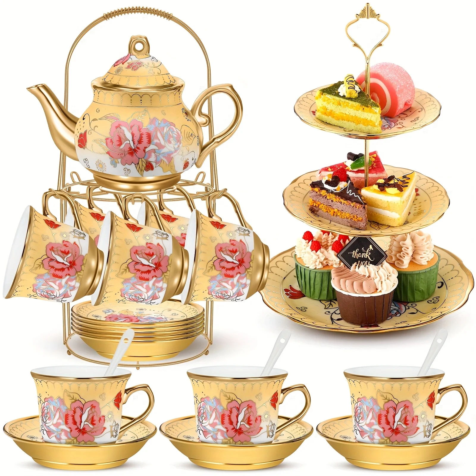 21pcs Porcelain Teapot Parties Set with Metal Holder And Cupcake Stand Ceramic Tea Pot Cups Saucers Cupcake Tier Tower for Women European Parties Weddings Gifts(Yellow, Fall)
21pcs Porcelain Teapot Parties Set with Metal Holder And Cupcake Stand Ceramic Tea Pot Cups Saucers Cupcake Tier Tower for Women European Parties Weddings Gifts(Yellow, Fall)