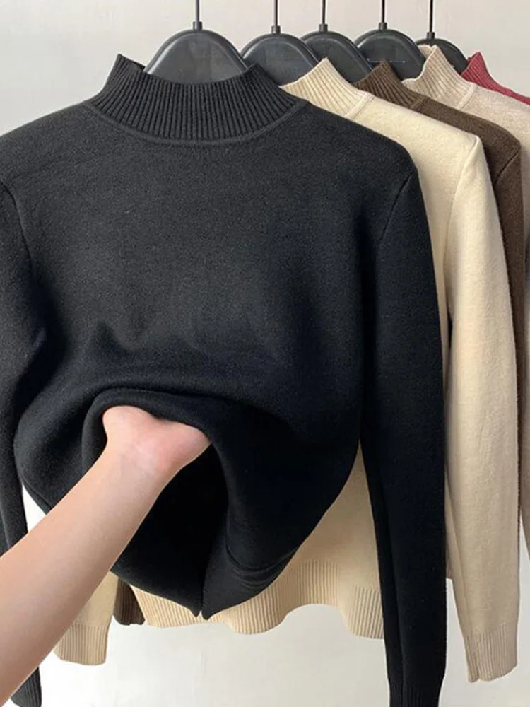 High neck winter sweater for women, elegant and thickened velvet lining, warm and warm, with a lapel knit pullover, new style
High neck winter sweater for women, elegant and thickened velvet lining, warm and warm, with a lapel knit pullover, new style
