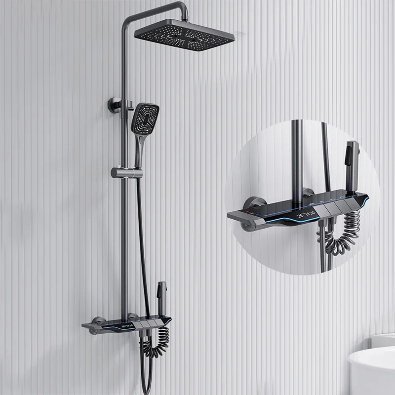 Shower System Set Piano key Ambient Light Full Copper Thermostat Digital Display Gunmetal Gray Modern s faucet
Shower System Set Piano key Ambient Light Full Copper Thermostat Digital Display Gunmetal Gray Modern s faucet