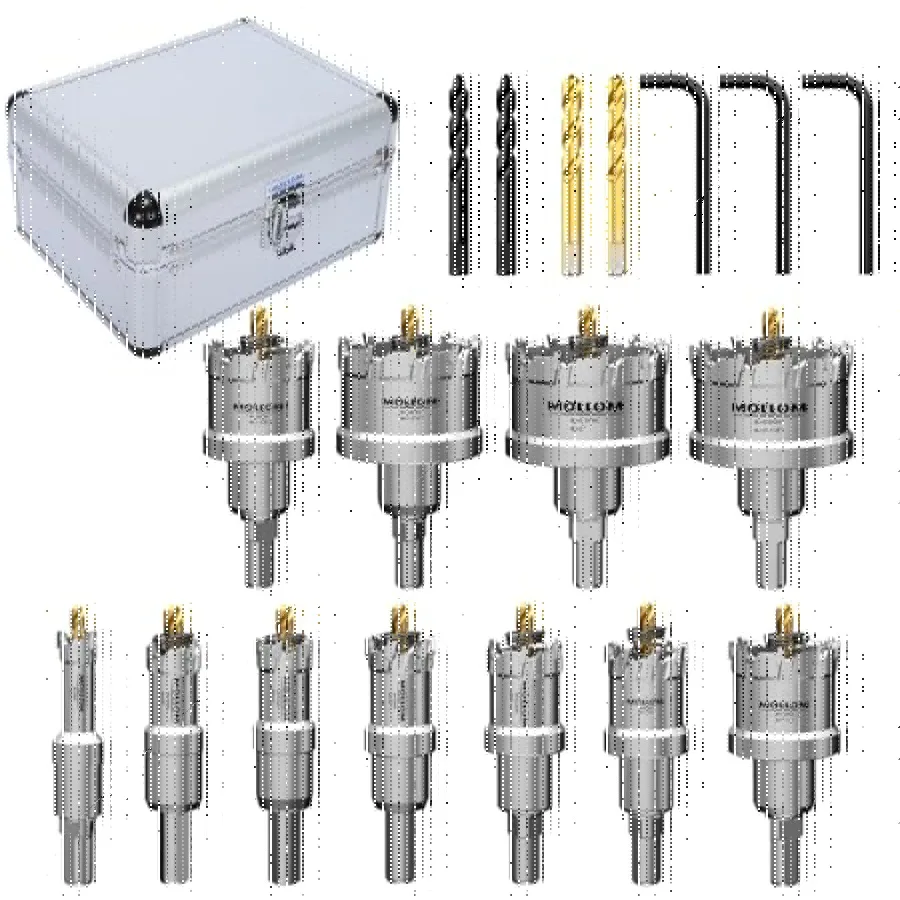 Pcs TCT Carbide Hole Saw Kit for Hard Metal Extra 2xTitanium and 2xStepped Pilot Drill bits and 3Pcs Hex Key for Stainless Stee
Pcs TCT Carbide Hole Saw Kit for Hard Metal Extra 2xTitanium and 2xStepped Pilot Drill bits and 3Pcs Hex Key for Stainless Stee