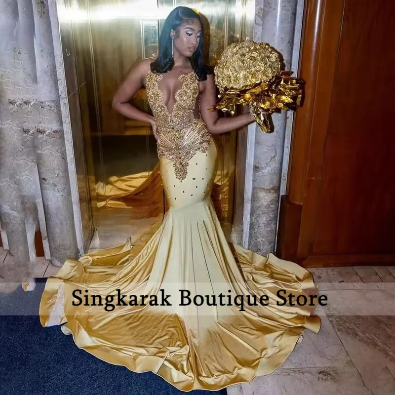 Customized African Aso Ebi Gold Sequins Mermaid Prom Dress Diamond Crystal Beaded Evening Gown Robe De Soiree
Customized African Aso Ebi Gold Sequins Mermaid Prom Dress Diamond Crystal Beaded Evening Gown Robe De Soiree